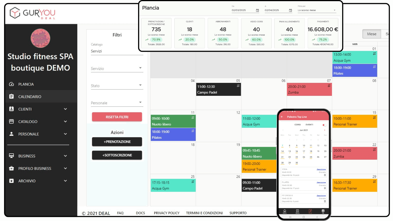 GurYou management dashboard with calendar, bookings and payments overview